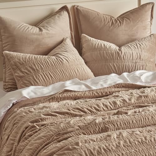 EVERGRACE-Velvet-Quilt-Set-King-Size-Luxury-Velvet-Bedding-Ultra-Soft-Ruched-Quilt-Sets-Lightweight-Velvet-Comforter-Set-Velvet-Bedspread-Coverlet-Set-with-2-Shams-for-All-Season-Khaki-Tan-0-0
