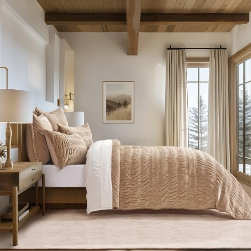 EVERGRACE-Velvet-Quilt-Set-King-Size-Luxury-Velvet-Bedding-Ultra-Soft-Ruched-Quilt-Sets-Lightweight-Velvet-Comforter-Set-Velvet-Bedspread-Coverlet-Set-with-2-Shams-for-All-Season-Khaki-Tan-0-2