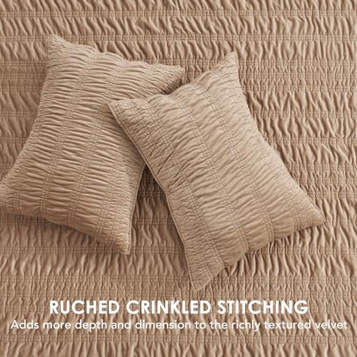 EVERGRACE-Velvet-Quilt-Set-King-Size-Luxury-Velvet-Bedding-Ultra-Soft-Ruched-Quilt-Sets-Lightweight-Velvet-Comforter-Set-Velvet-Bedspread-Coverlet-Set-with-2-Shams-for-All-Season-Khaki-Tan-0-3
