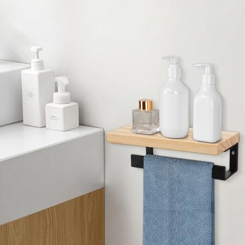 Hand-Towel-HolderTowel-Ring-with-Wooden-Shelf-Premium-Metal-Hand-Towel-Rack-Hand-Towel-Hanger-for-Bathroom-Bathroom-Accessories-Wall-Mounted-Matte-Black-9-Inch-0-3