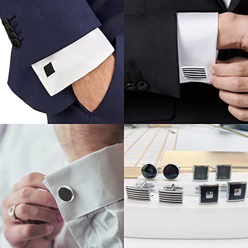 SONNYX-12-Pairs-Cufflinks-for-Men-Classic-Tone-Cuff-Links-Silver-Black-Striped-Disc-Square-Rectangle-Cuff-Links-Shirt-Suit-Mens-Cufflinks-For-Wedding-Groom-Business-0-2